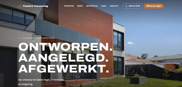 Voorbeeldsite voor een Vlaamse tuinaanlegger: moderne tuin met de kop Ontworpen. Aangelegd. Afgewerkt.